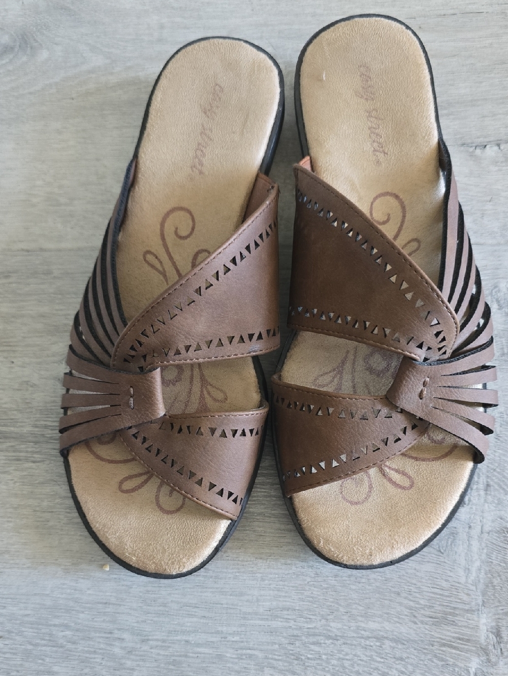 easy street Brown Crossover Slide Sandals with Cutout Detail